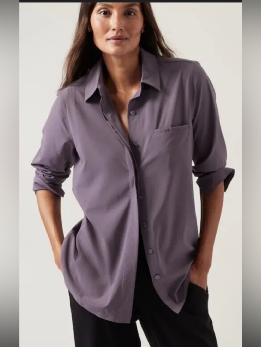 Athleta Urbanite Top 2.0 1X Purple Long Sleeve Button Front Stretch Shirt
